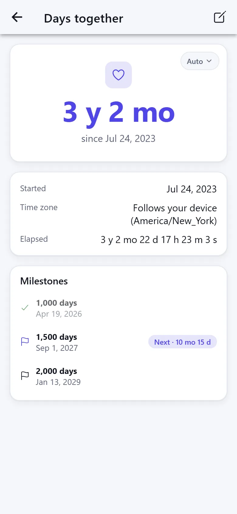 A count-up with upcoming milestones