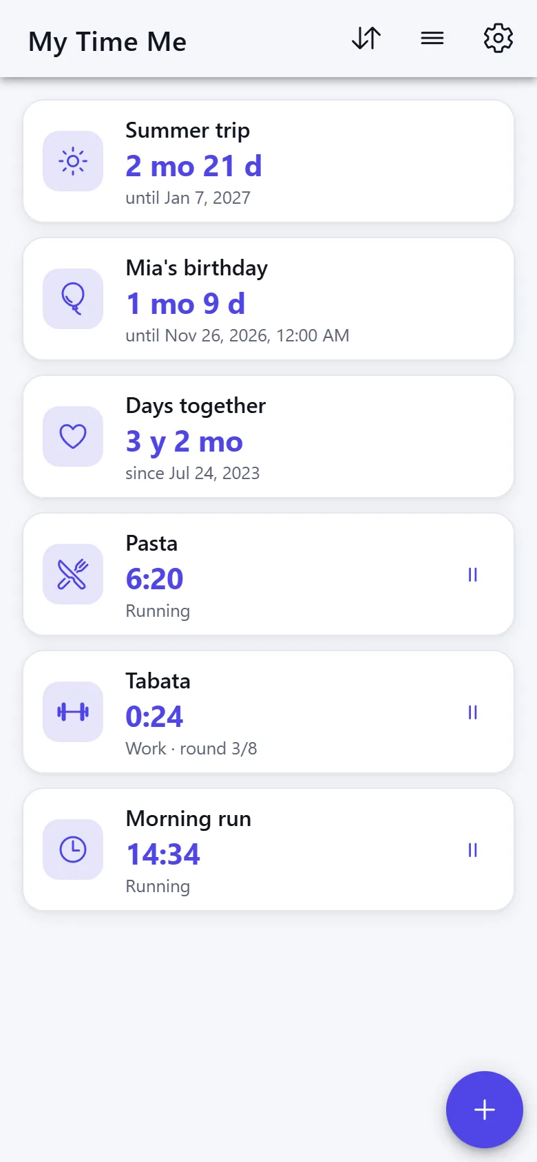 The My Time Me home screen with a trip countdown, a birthday, days together and three running timers