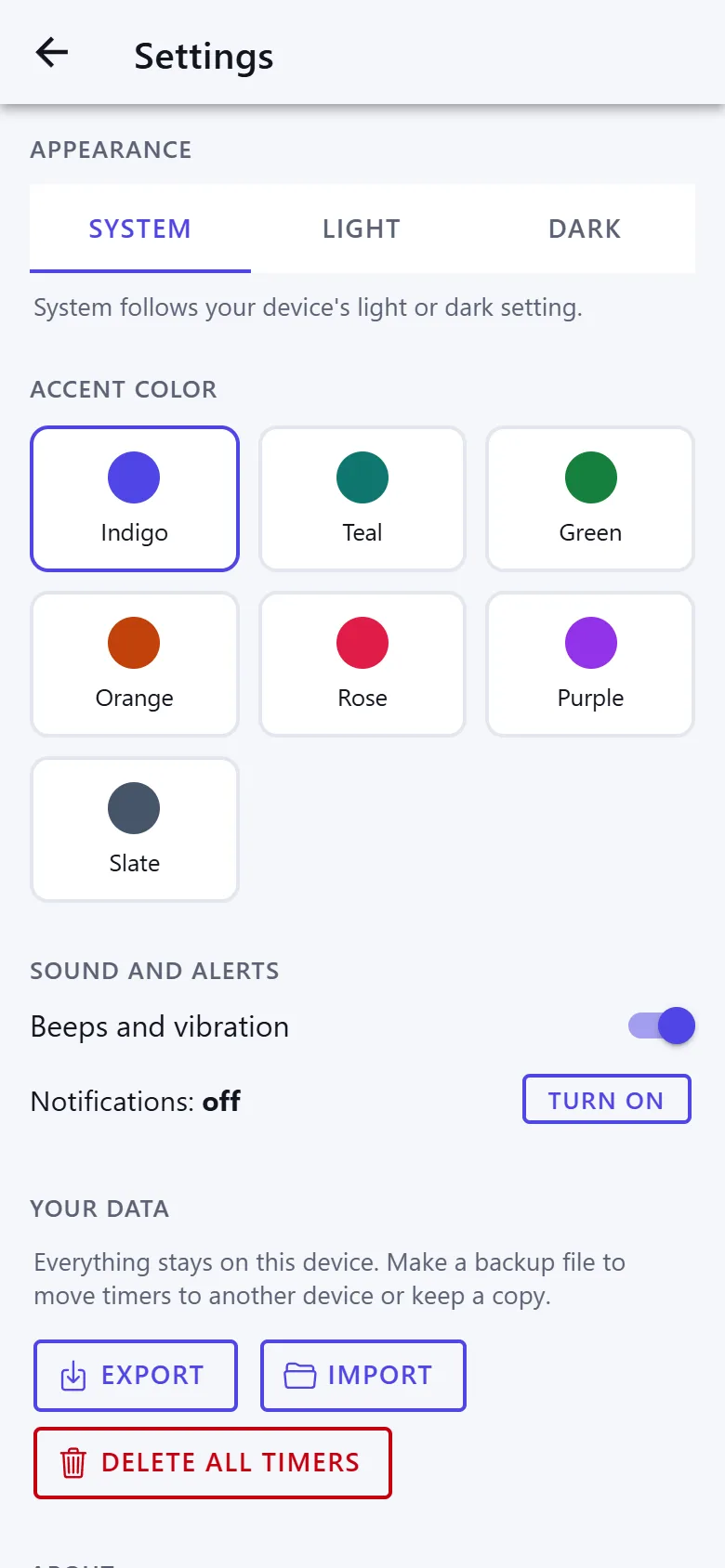 Settings with theme and accent color choices